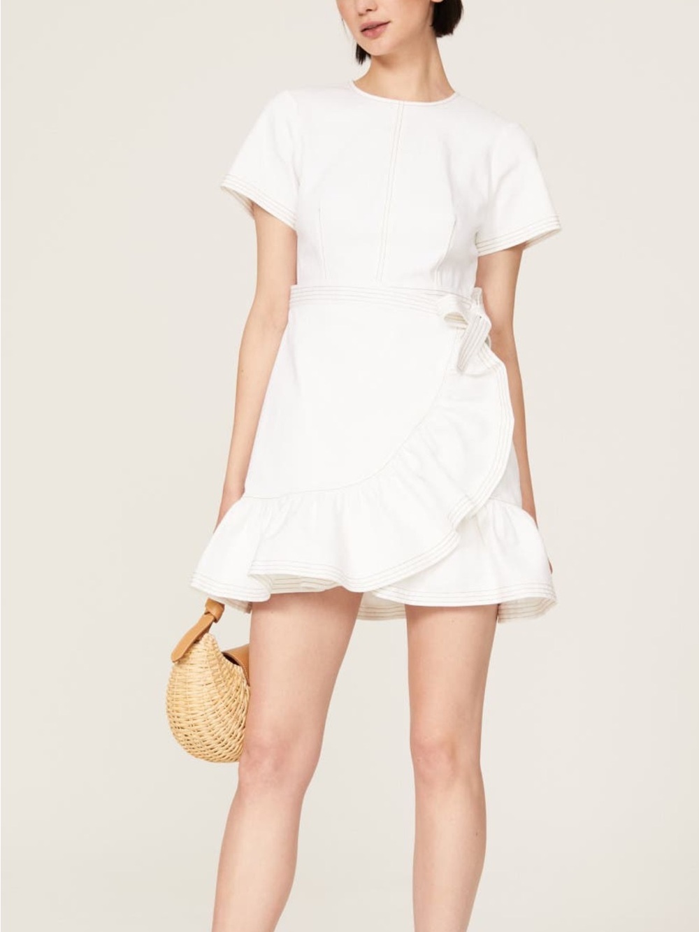 cinq a sept White Short-Sleeve Ruffle-Hem Dress with Topstitching